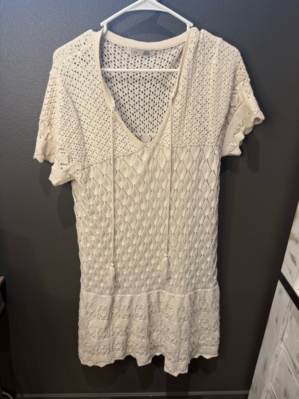 Dex Cream Openwork Knit Mini Dress with V-Neck Ties